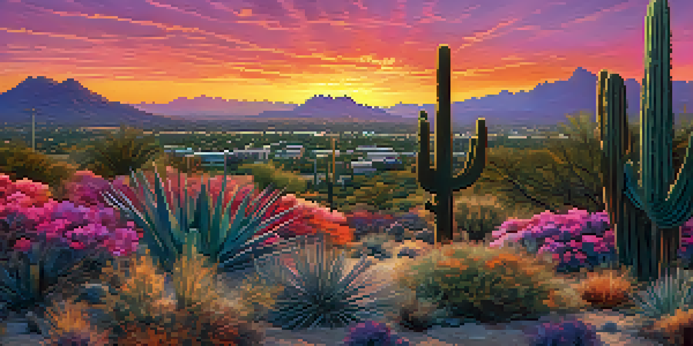 A stunning sunset view over Scottsdale, Arizona, with cacti in the foreground and city skyline in the background, displaying vibrant colors in the sky.