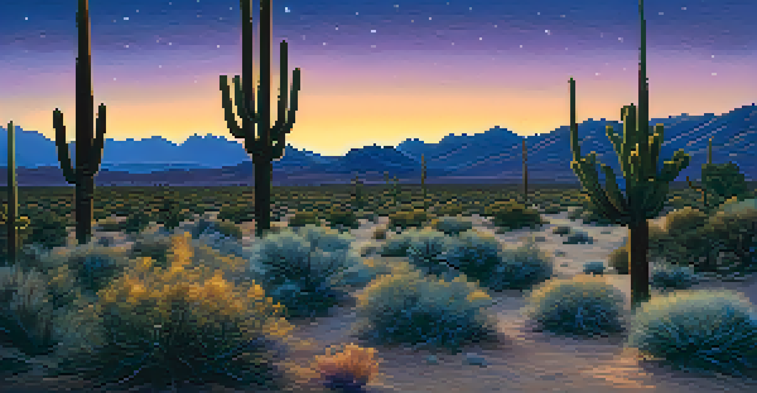 A tranquil twilight landscape with desert silhouettes against a deep blue and purple sky, hinting at the appearance of stars.