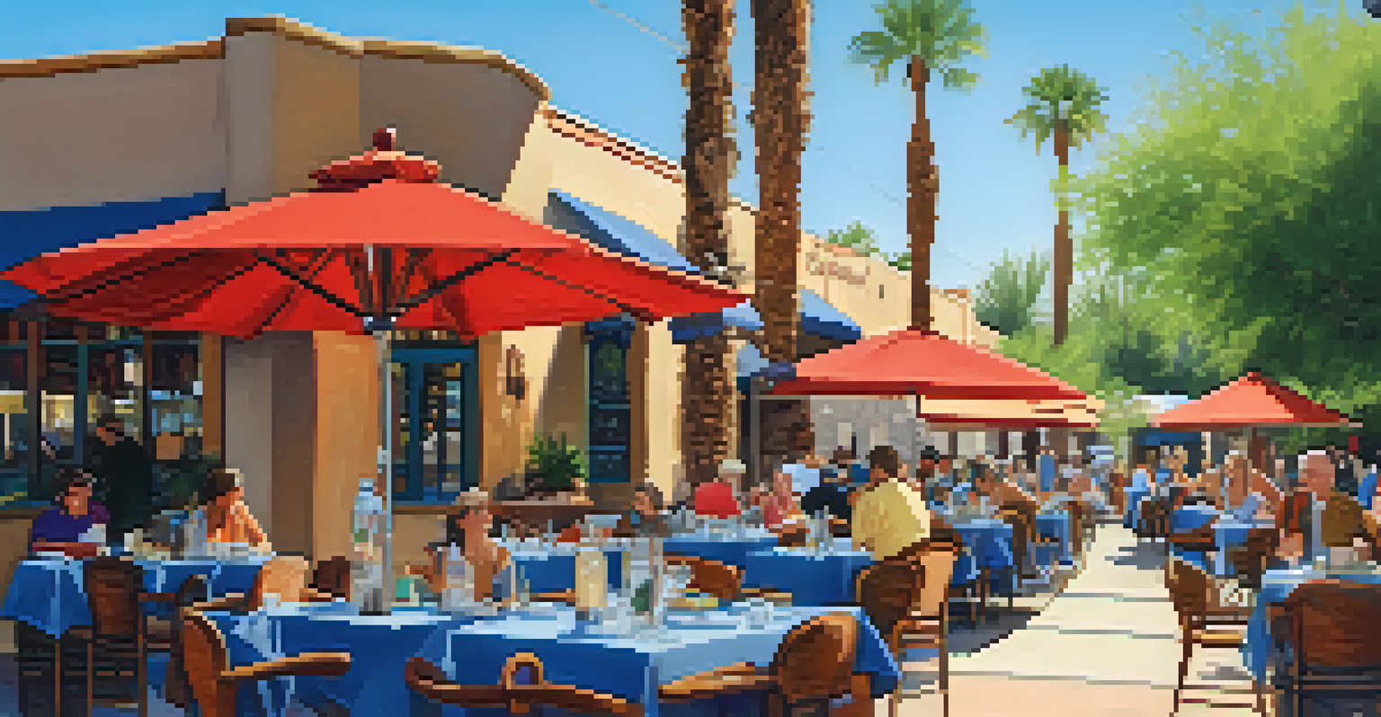 A charming outdoor café in Old Town Scottsdale, with colorful tables and diners enjoying their meals under the sun.