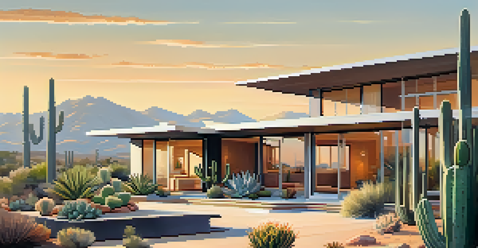 A stylish Mid-Century Modern house surrounded by desert landscape and sunlight.