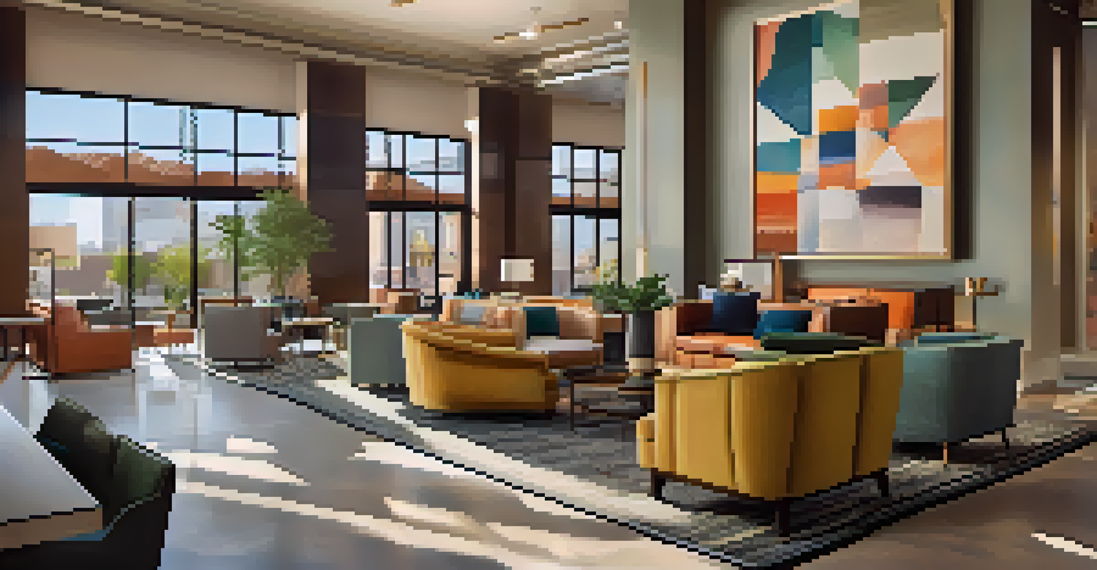 Stylish lobby of Hotel Adeline featuring modern furniture and colorful artwork, with ample natural light streaming through large windows.