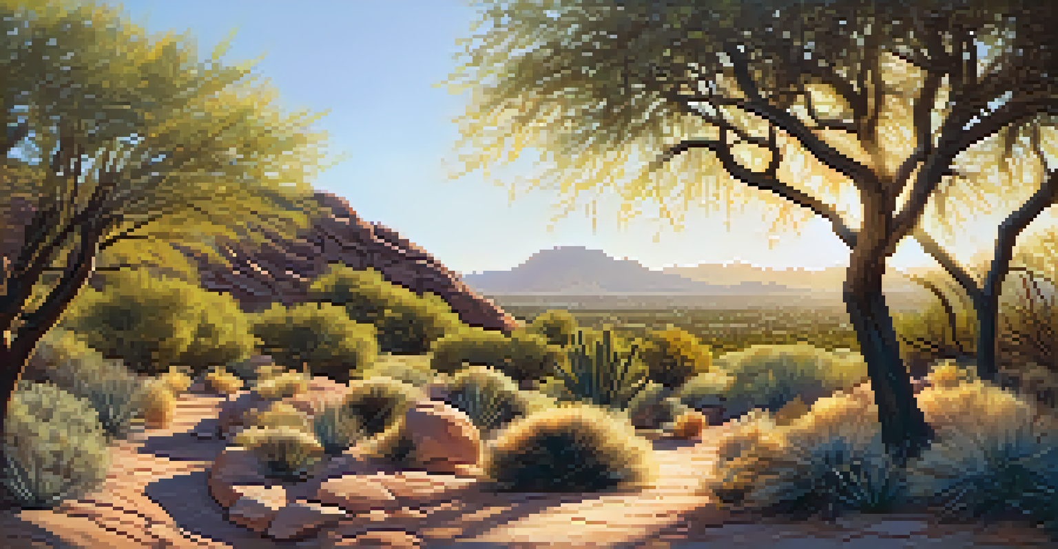 A hiking trail with a striking sculpture surrounded by desert plants under warm sunlight.