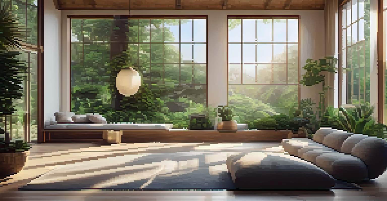 A peaceful meditation area in a wellness retreat surrounded by greenery and soft cushions, with natural light.
