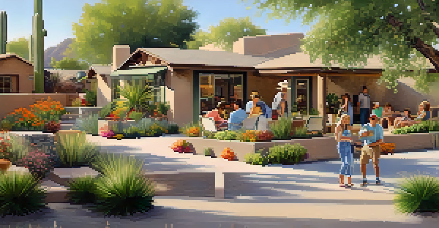 A neighborhood scene with ranch-style homes, families gathering outdoors, and children playing in a sunny environment.