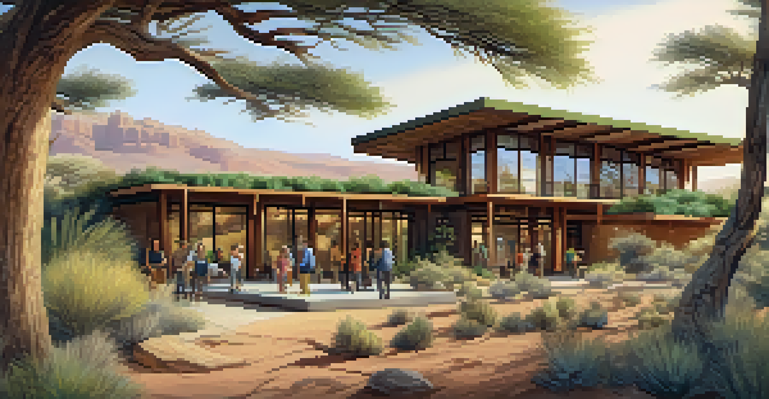 An eco-friendly lodge surrounded by desert flora with tourists on a wildlife tour.