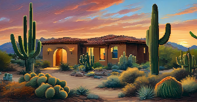 A scenic view of adobe-style homes in Scottsdale, Arizona, surrounded by desert plants at sunset.