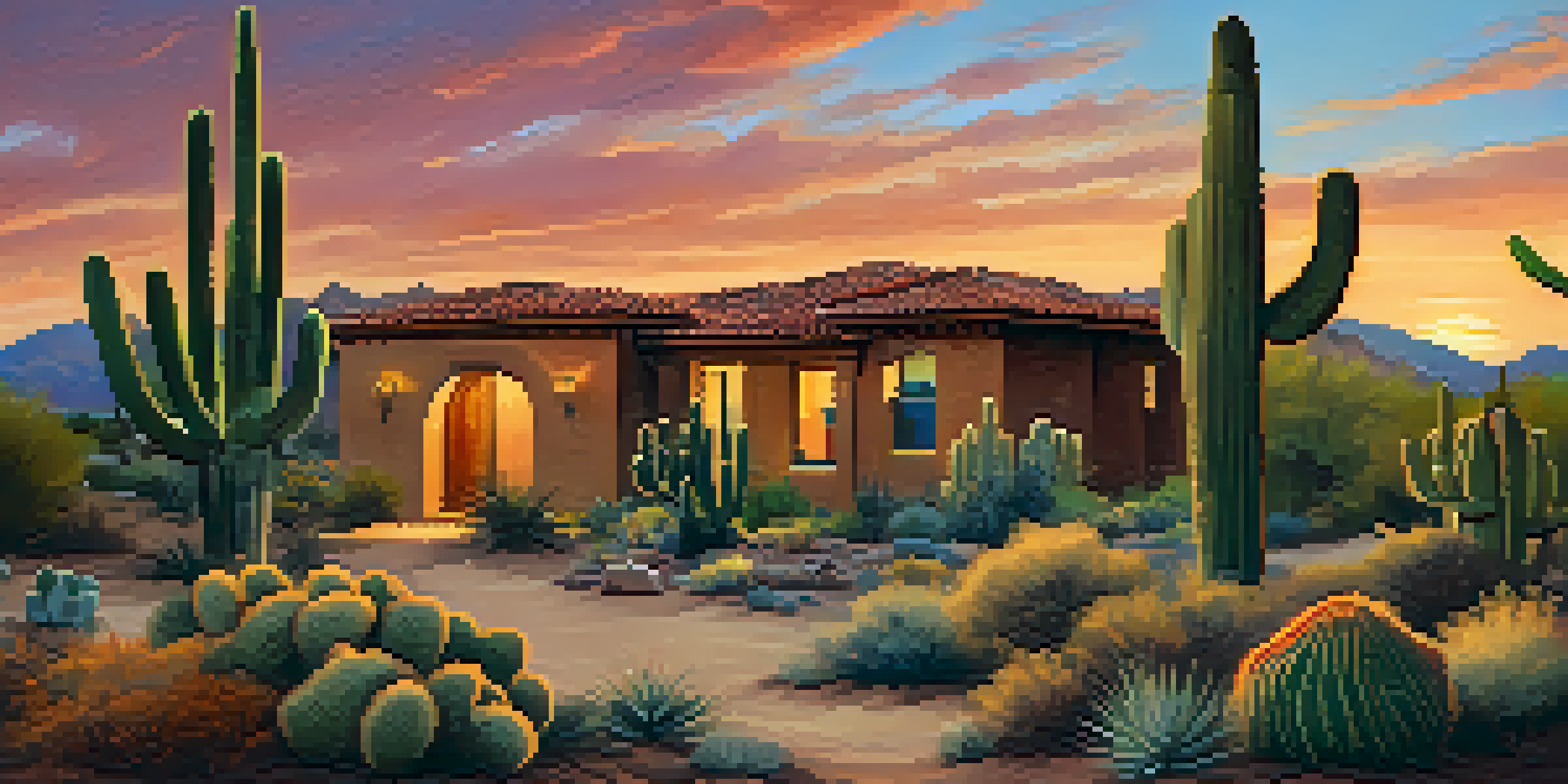 A scenic view of adobe-style homes in Scottsdale, Arizona, surrounded by desert plants at sunset.