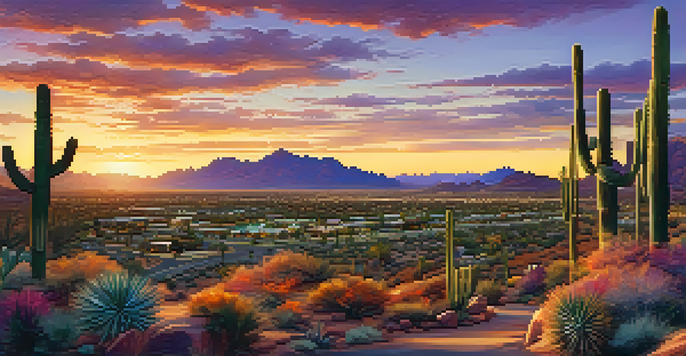 A scenic sunset view over Scottsdale, Arizona, featuring luxury homes and a vibrant desert landscape bathed in warm colors.