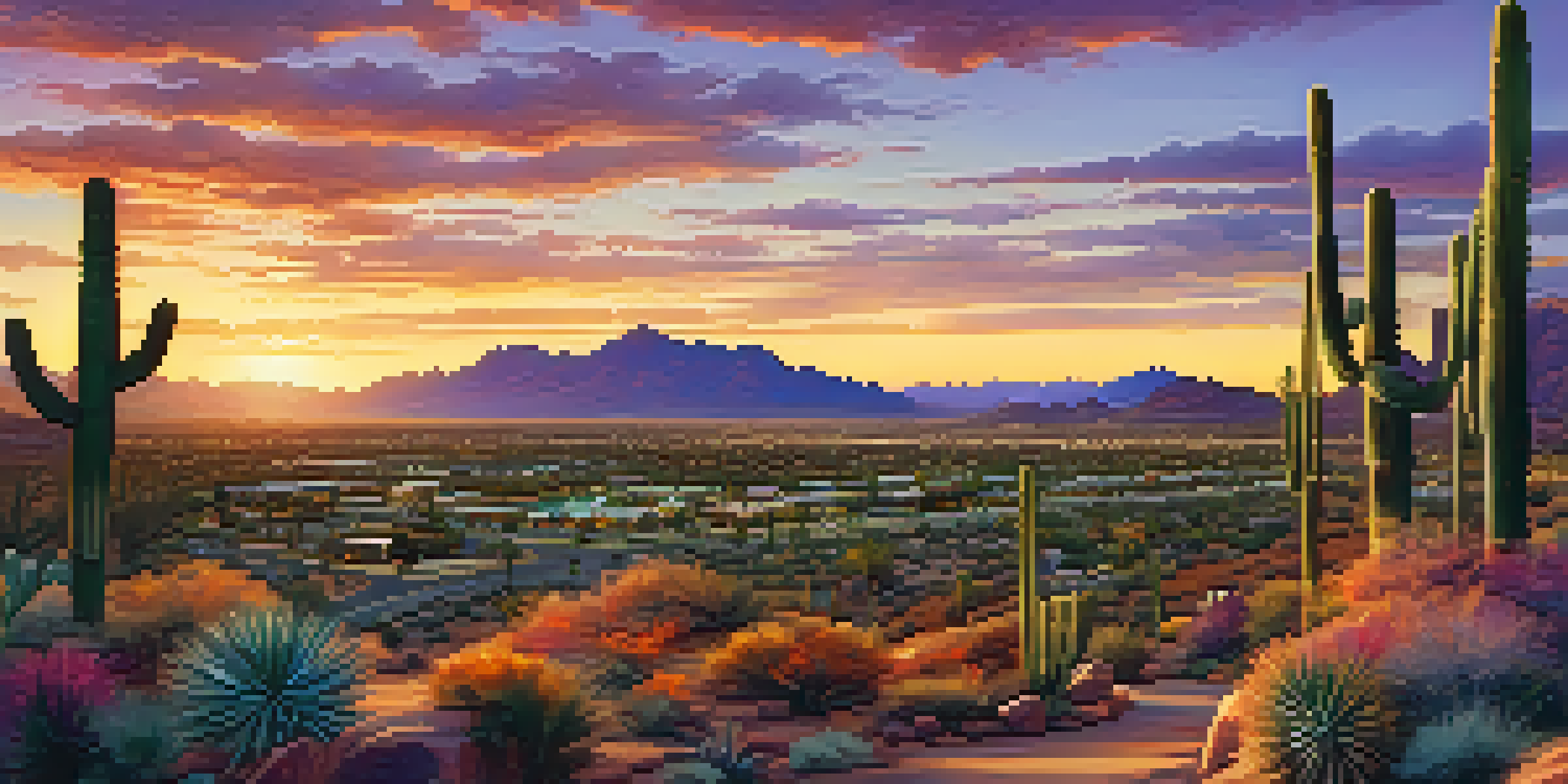 A scenic sunset view over Scottsdale, Arizona, featuring luxury homes and a vibrant desert landscape bathed in warm colors.