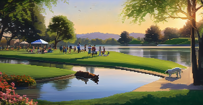 A picturesque scene at Chaparral Park with dogs playing in a dog park, a lake reflecting the sunset, and pet owners having a picnic under trees.