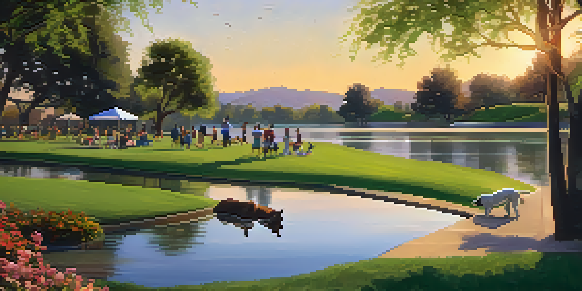 A picturesque scene at Chaparral Park with dogs playing in a dog park, a lake reflecting the sunset, and pet owners having a picnic under trees.