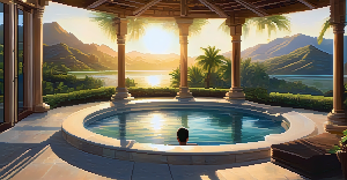 A tranquil hydrotherapy pool in a spa, with a person relaxing inside as the sun sets behind the mountains.