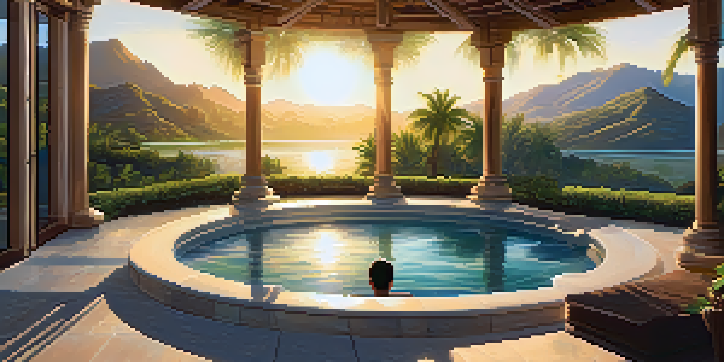 A tranquil hydrotherapy pool in a spa, with a person relaxing inside as the sun sets behind the mountains.