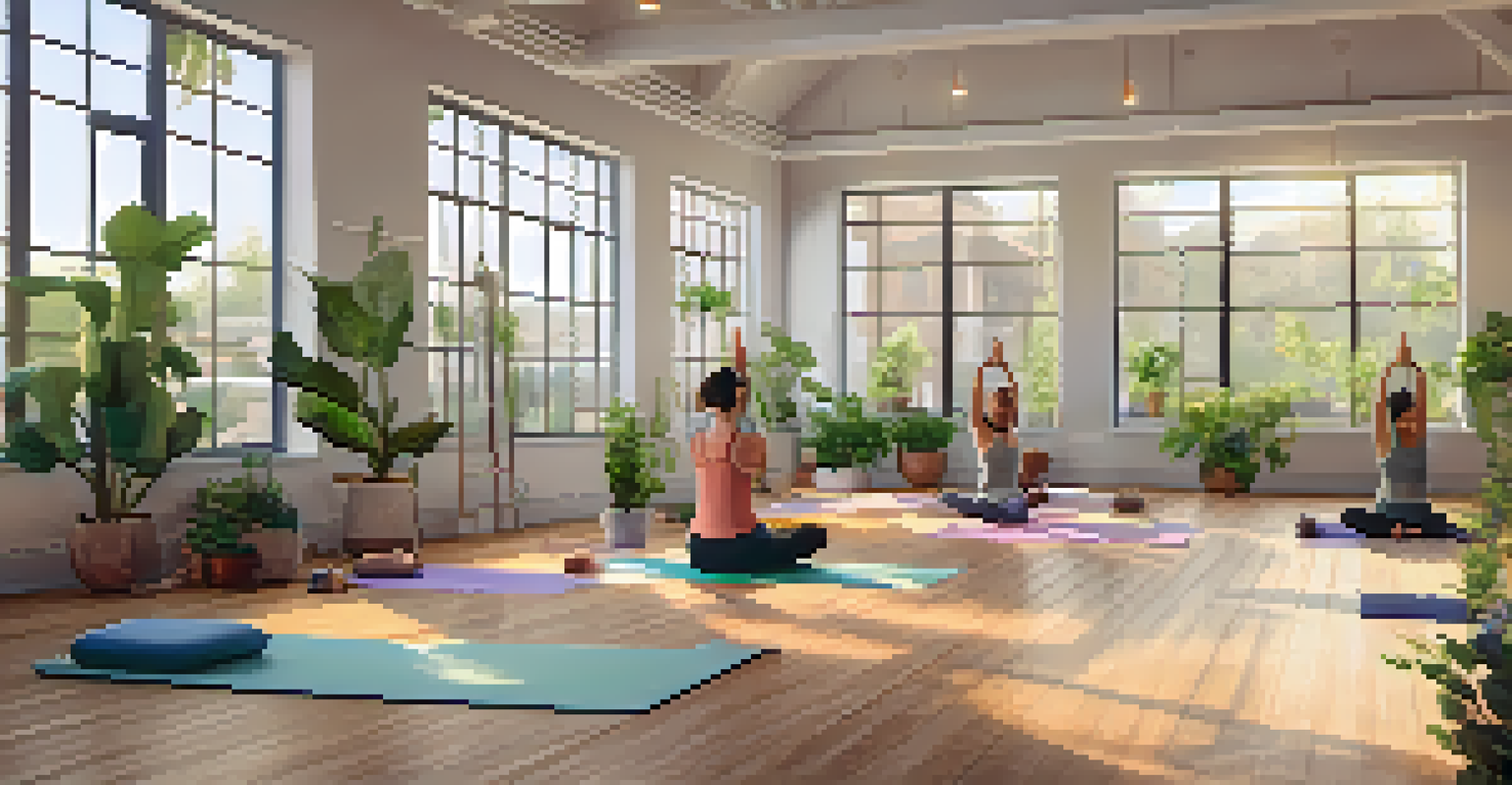 A cozy yoga studio with wooden floors and large windows, showing beginners practicing yoga under the guidance of a friendly instructor.