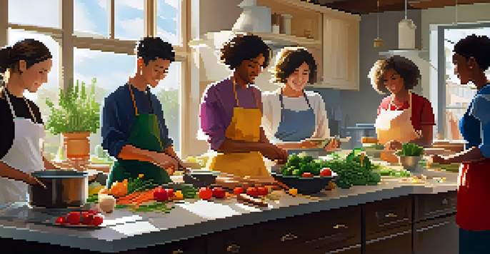 A diverse group of students enjoying a lively culinary class in a sunlit kitchen, preparing a meal with fresh ingredients.