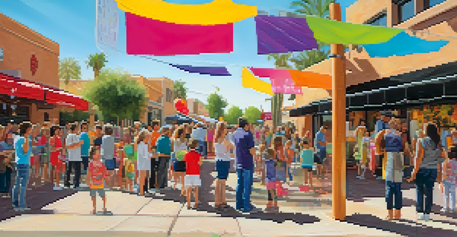 A family enjoying an art walk, with children engaging in art activities and street performers entertaining the crowd.