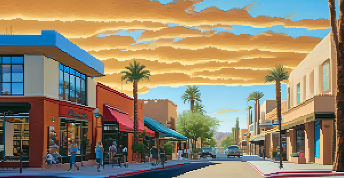 A street scene in Scottsdale with adobe buildings and colorful art galleries contrasted against modern architecture under a clear blue sky.