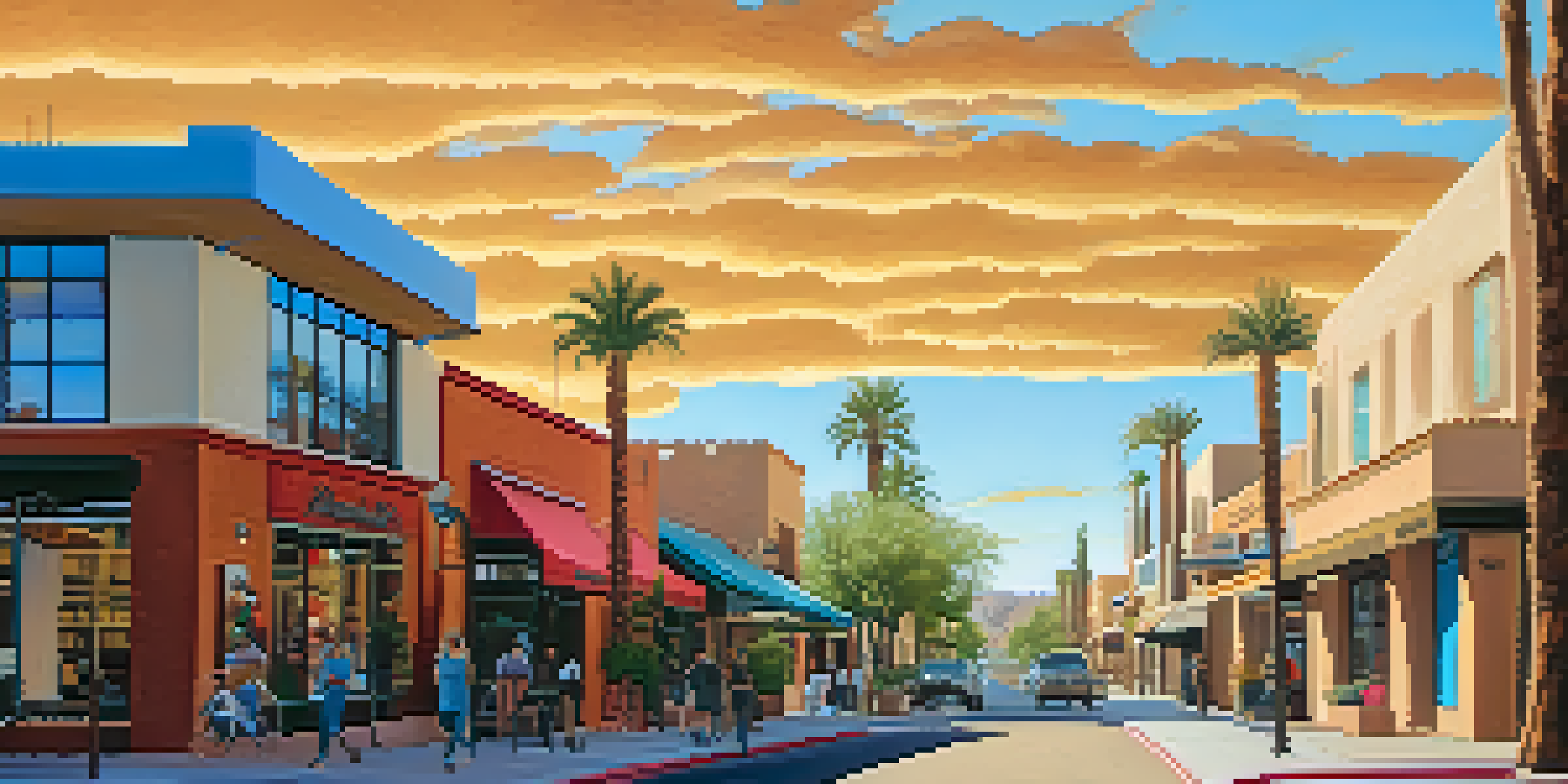 A street scene in Scottsdale with adobe buildings and colorful art galleries contrasted against modern architecture under a clear blue sky.