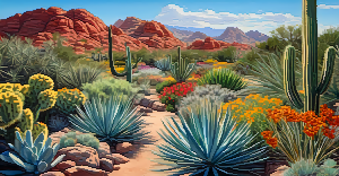 A colorful desert garden filled with various plants, cacti, and wildflowers under a clear blue sky.