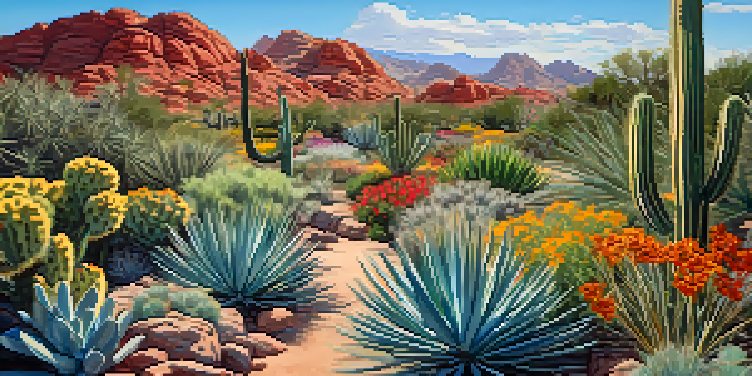 A colorful desert garden filled with various plants, cacti, and wildflowers under a clear blue sky.