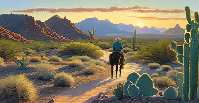 A horseback rider on a winding trail in the desert at sunset, surrounded by cacti and rocky formations.
