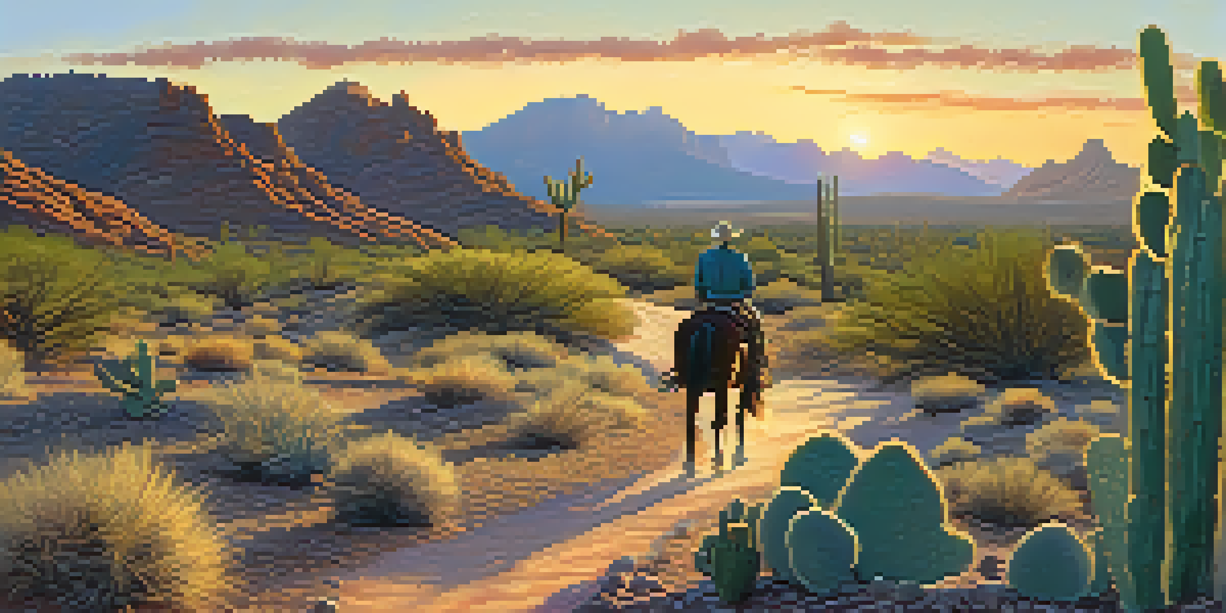 A horseback rider on a winding trail in the desert at sunset, surrounded by cacti and rocky formations.
