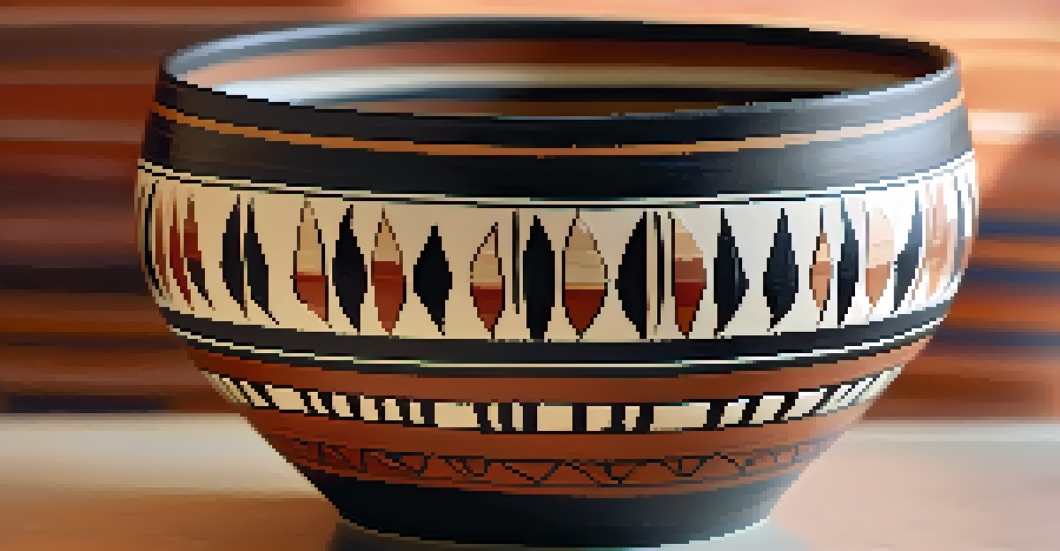 A detailed close-up of Native American pottery showcased in an art gallery, highlighting its intricate designs.