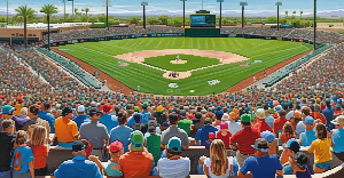 A panoramic view of Scottsdale Stadium filled with fans in colorful jerseys, green fields, and bright blue sky during a spring training game.