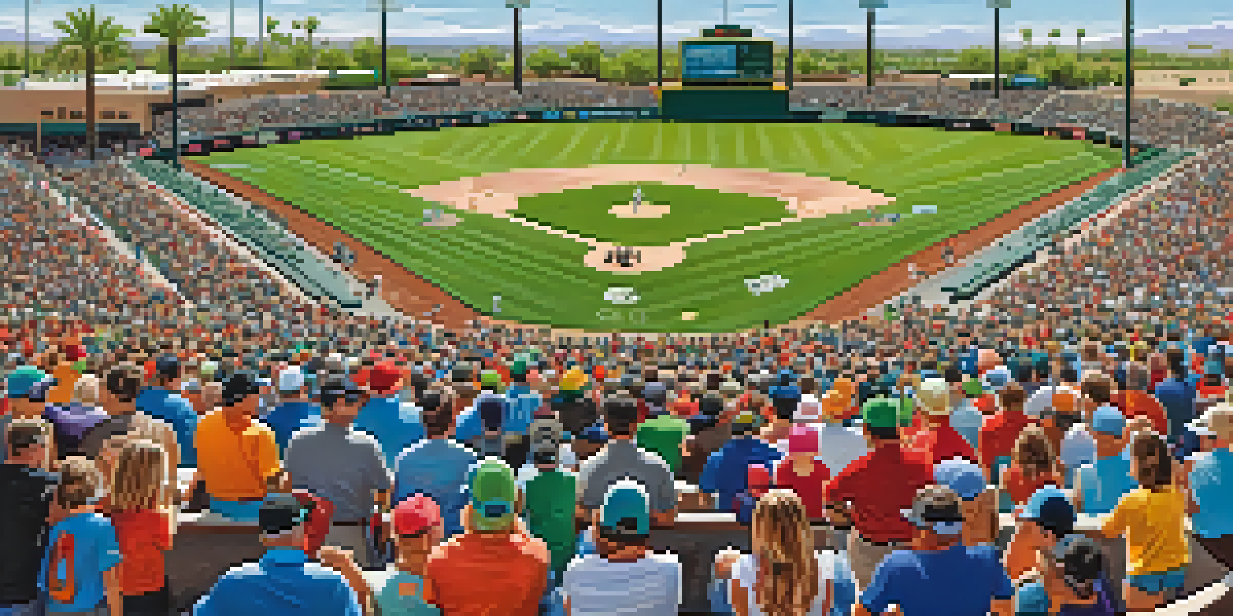 A panoramic view of Scottsdale Stadium filled with fans in colorful jerseys, green fields, and bright blue sky during a spring training game.