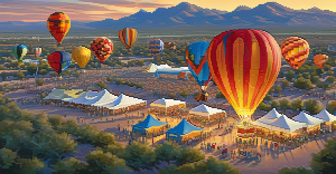 A beautiful sunrise scene at the Scottsdale Hot Air Balloon Festival, with colorful balloons in the sky and people enjoying the festivities below.