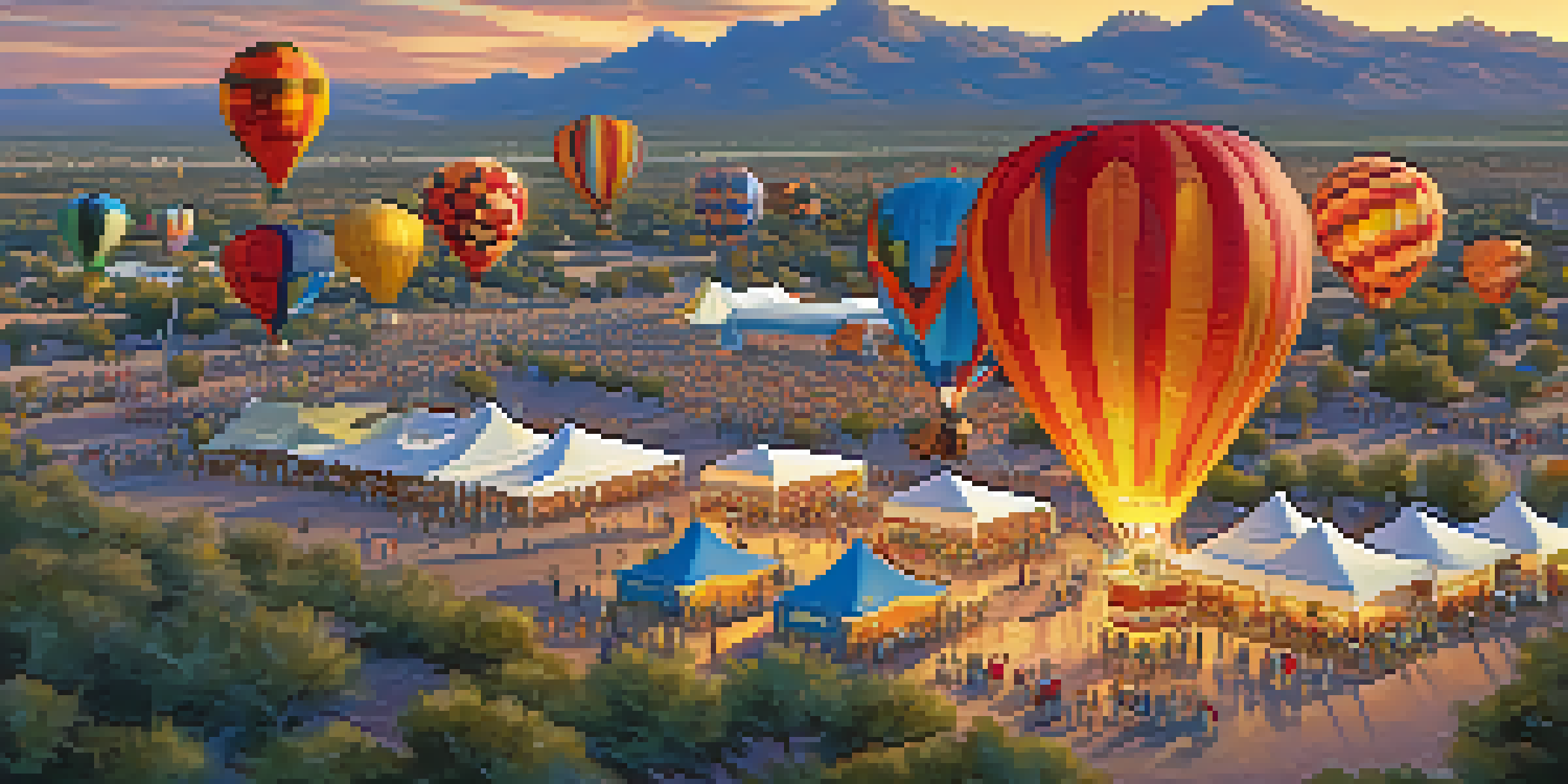 A beautiful sunrise scene at the Scottsdale Hot Air Balloon Festival, with colorful balloons in the sky and people enjoying the festivities below.