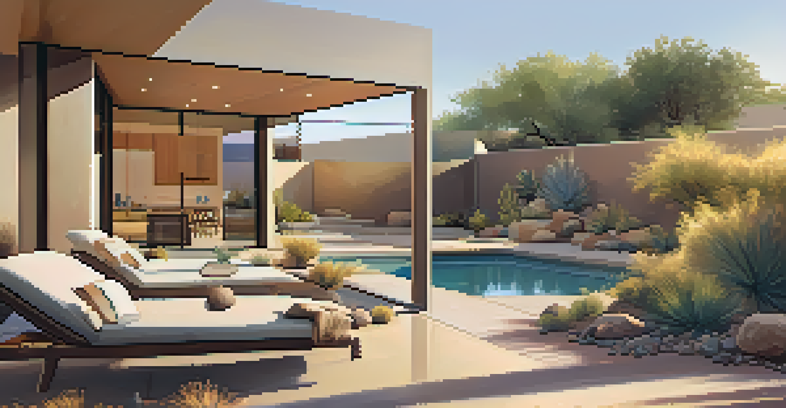 An outdoor living area with a patio, seating, fire pit, and pool in a Desert Modern home, surrounded by desert plants in warm afternoon light.