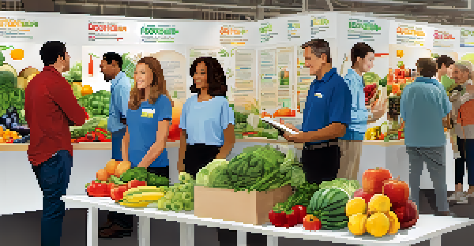 An indoor health fair booth with a nutritionist giving advice, surrounded by attendees of various ages engaging in discussions about healthy eating.