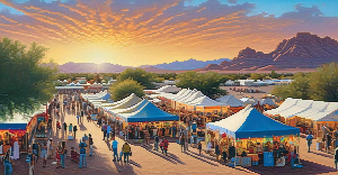 A colorful outdoor market with artisans showcasing traditional Native American crafts and a desert sunset in the background.