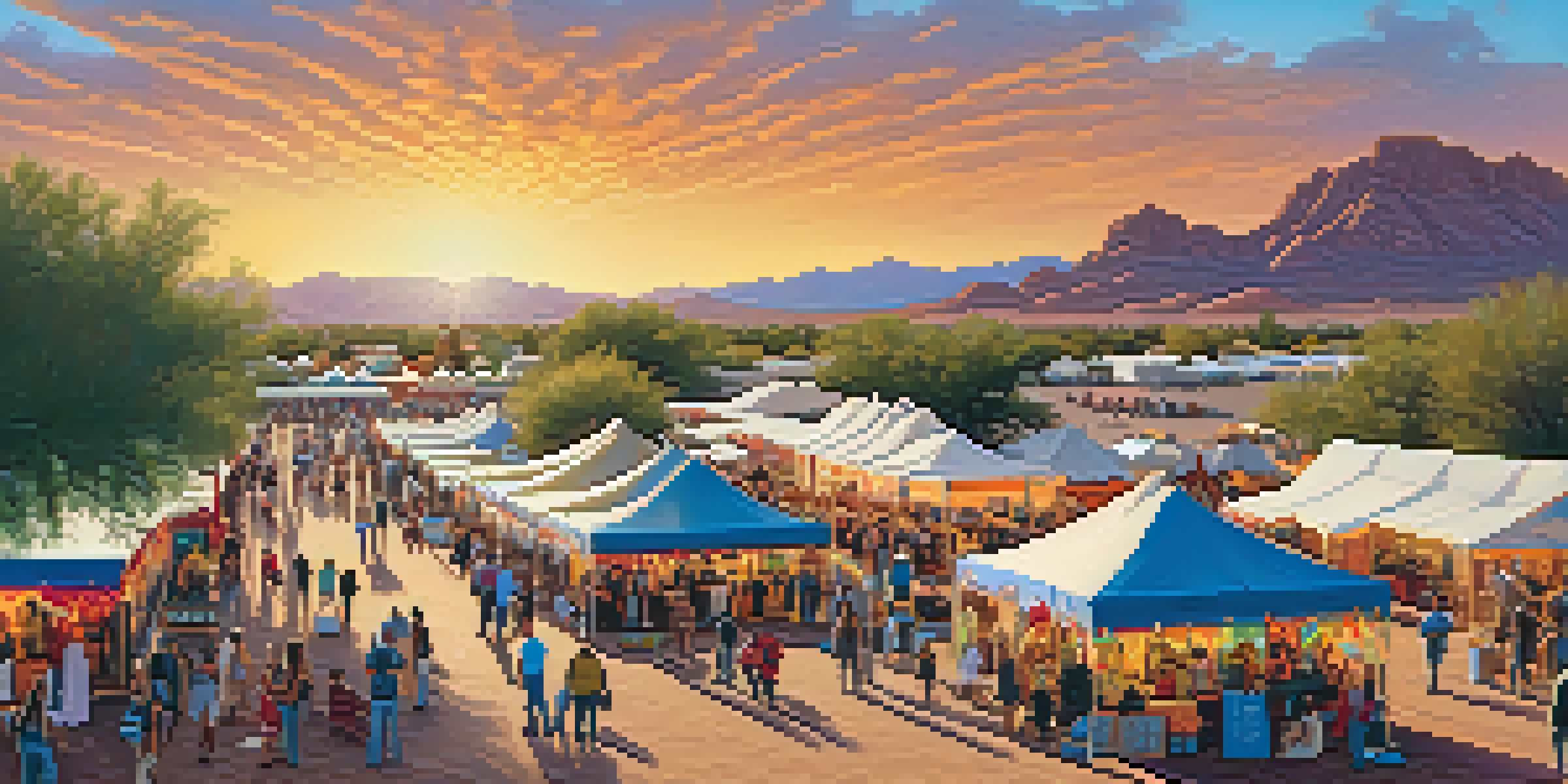 A colorful outdoor market with artisans showcasing traditional Native American crafts and a desert sunset in the background.