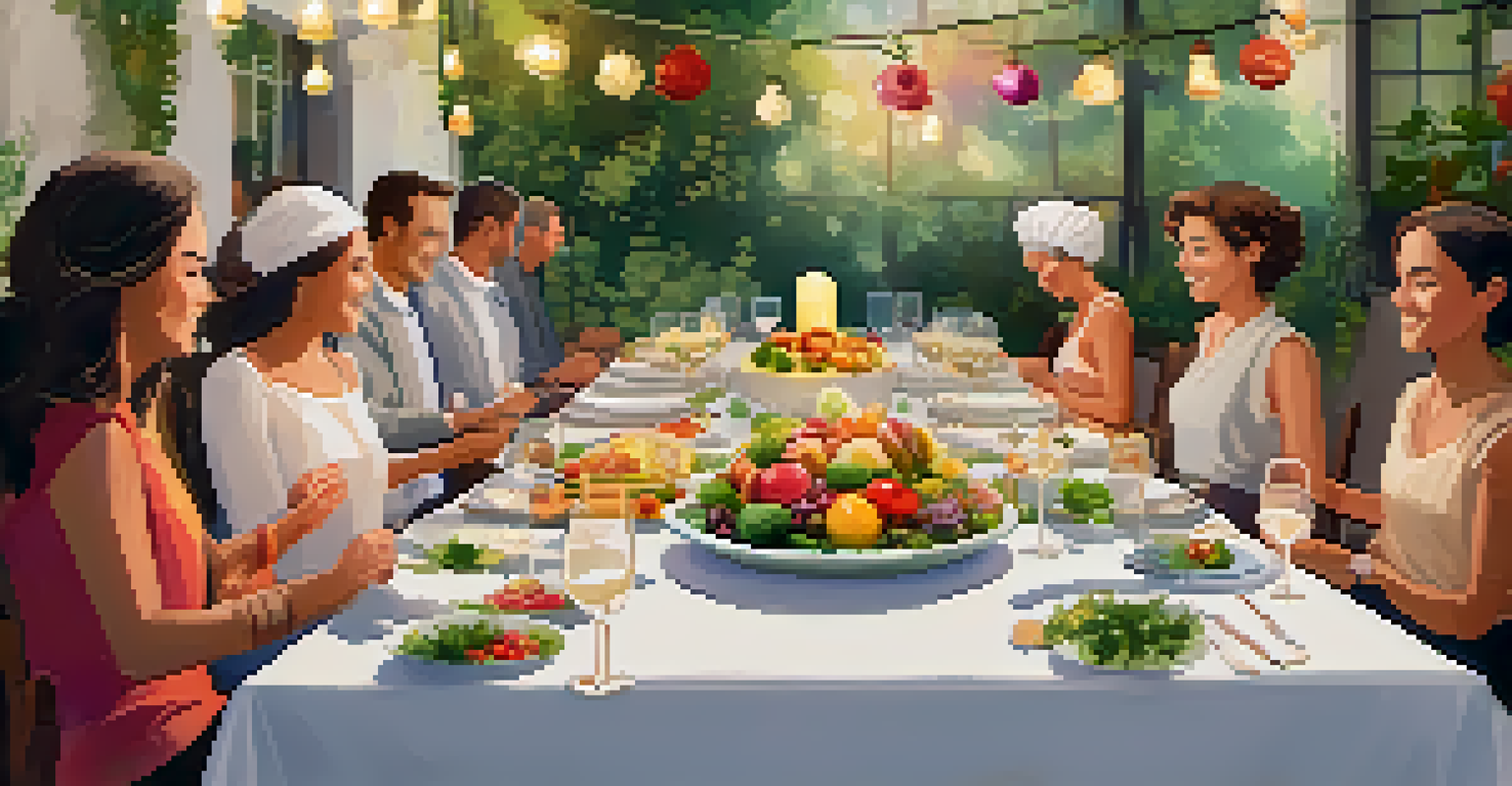 A communal dining table filled with vibrant dishes prepared during a cooking workshop, set in a cozy atmosphere for participants to enjoy together.
