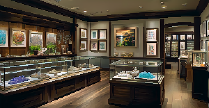 Interior of a local boutique featuring handcrafted jewelry displayed on wooden tables with warm lighting.