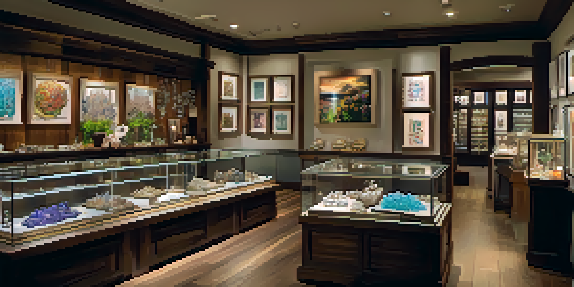 Interior of a local boutique featuring handcrafted jewelry displayed on wooden tables with warm lighting.