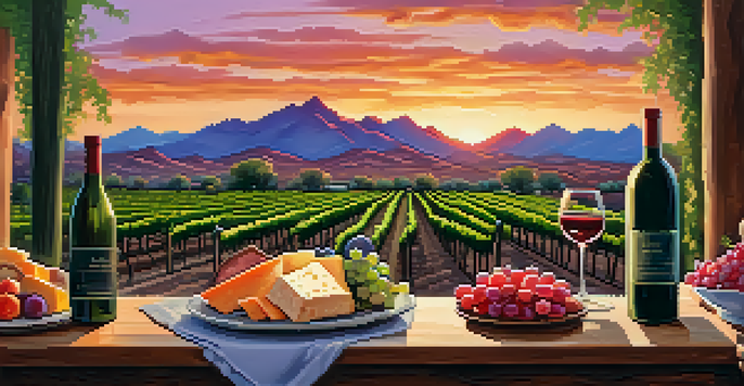 A scenic vineyard in Scottsdale at sunset, featuring grapevines and mountains, with a table set for wine tasting.