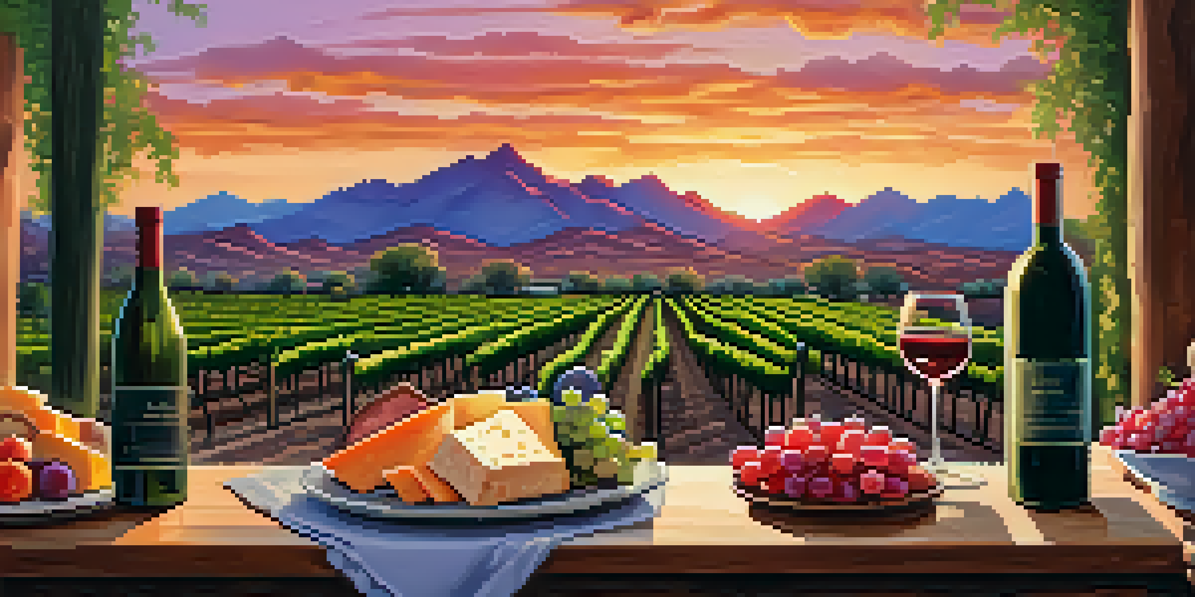 A scenic vineyard in Scottsdale at sunset, featuring grapevines and mountains, with a table set for wine tasting.