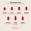 Nail shapes chart: round, oval, square, squoval, almond, coffin (ballerina) and stiletto, with the upkeep each needs