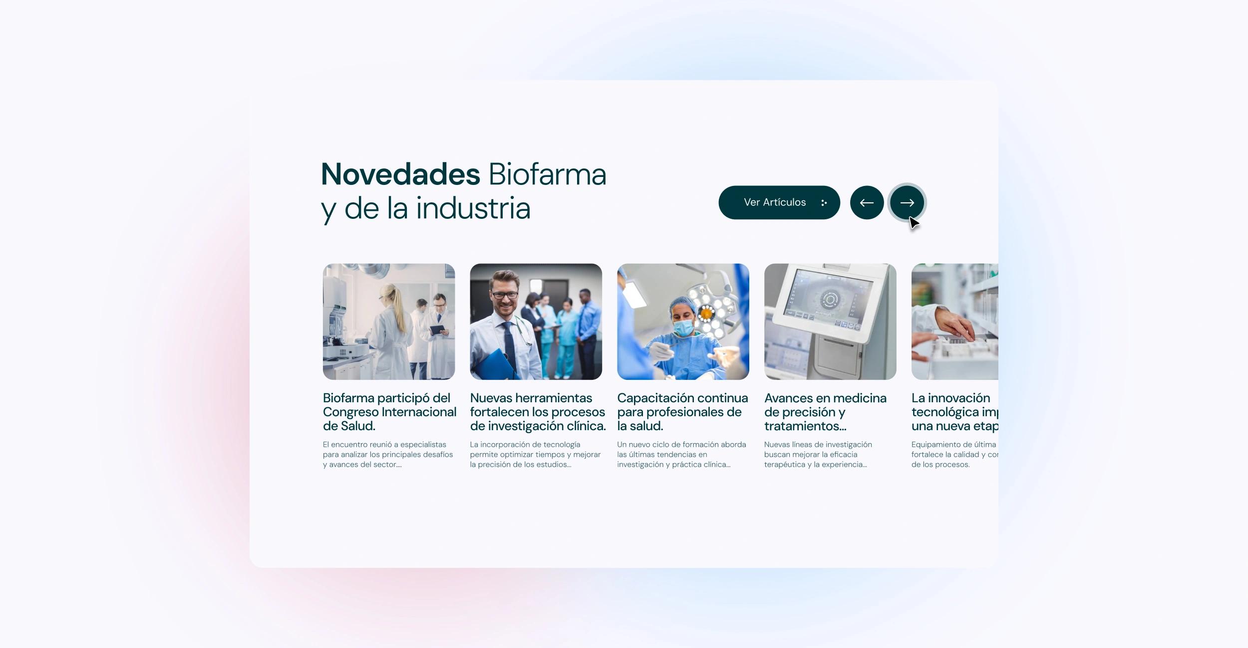 Sección de noticias del sitio corporativo de Biofarma diseñada por Disruptive®, con contenidos de salud, novedades de tecnología médica y un sistema UX/UI editorial.