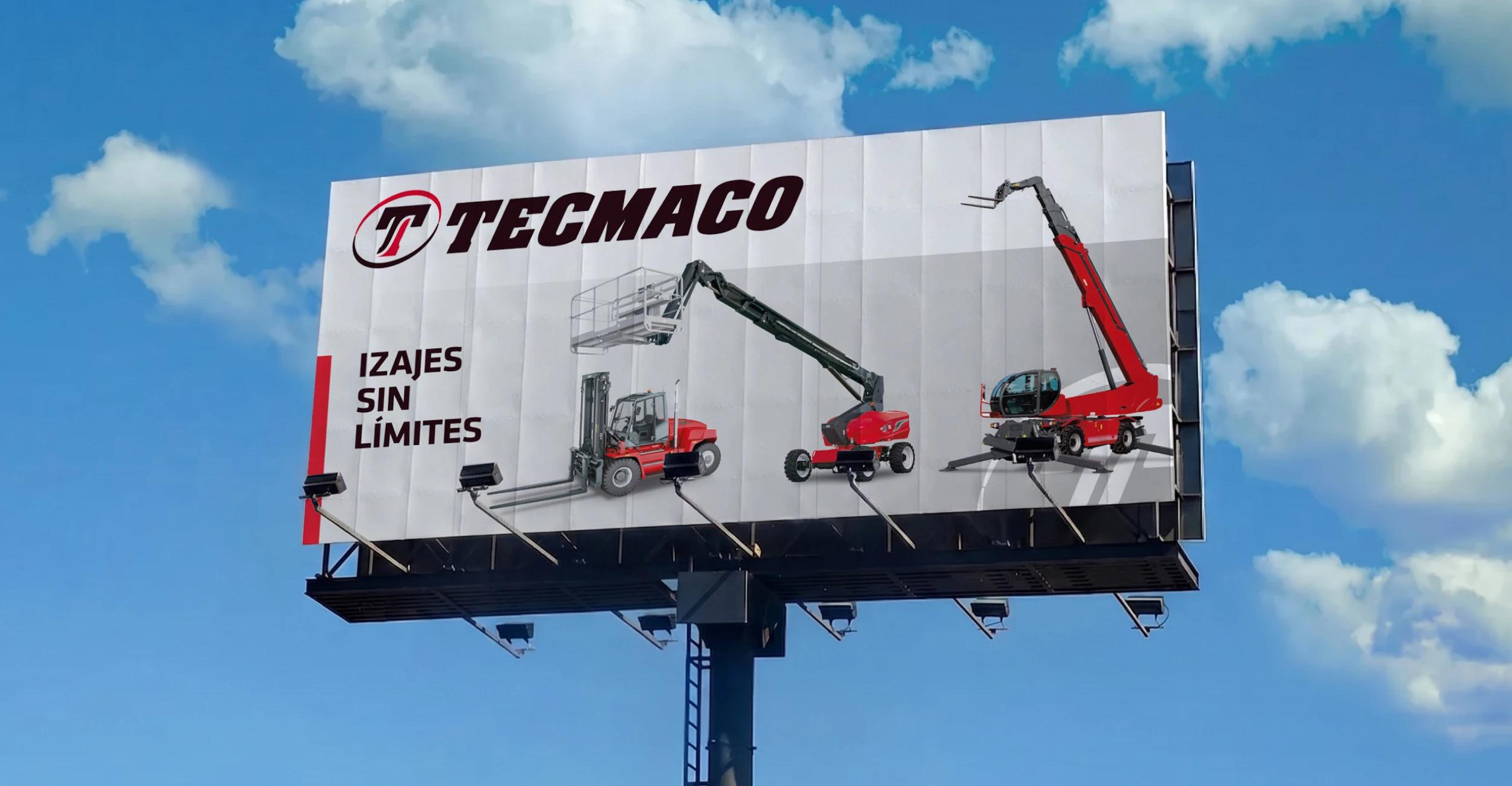 Cartelería corporativa desarrollada para Tecmaco como parte del sistema de identidad visual y branding industrial.