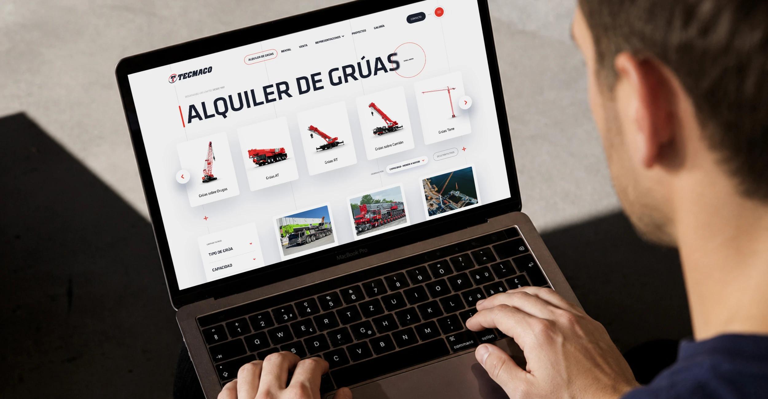 Sitio web y plataforma digital desarrollados para Tecmaco, empresa líder en la industria del izaje, con catálogo online y experiencia UX/UI diseñada por Disruptive® para optimizar la navegación y consulta de equipos.