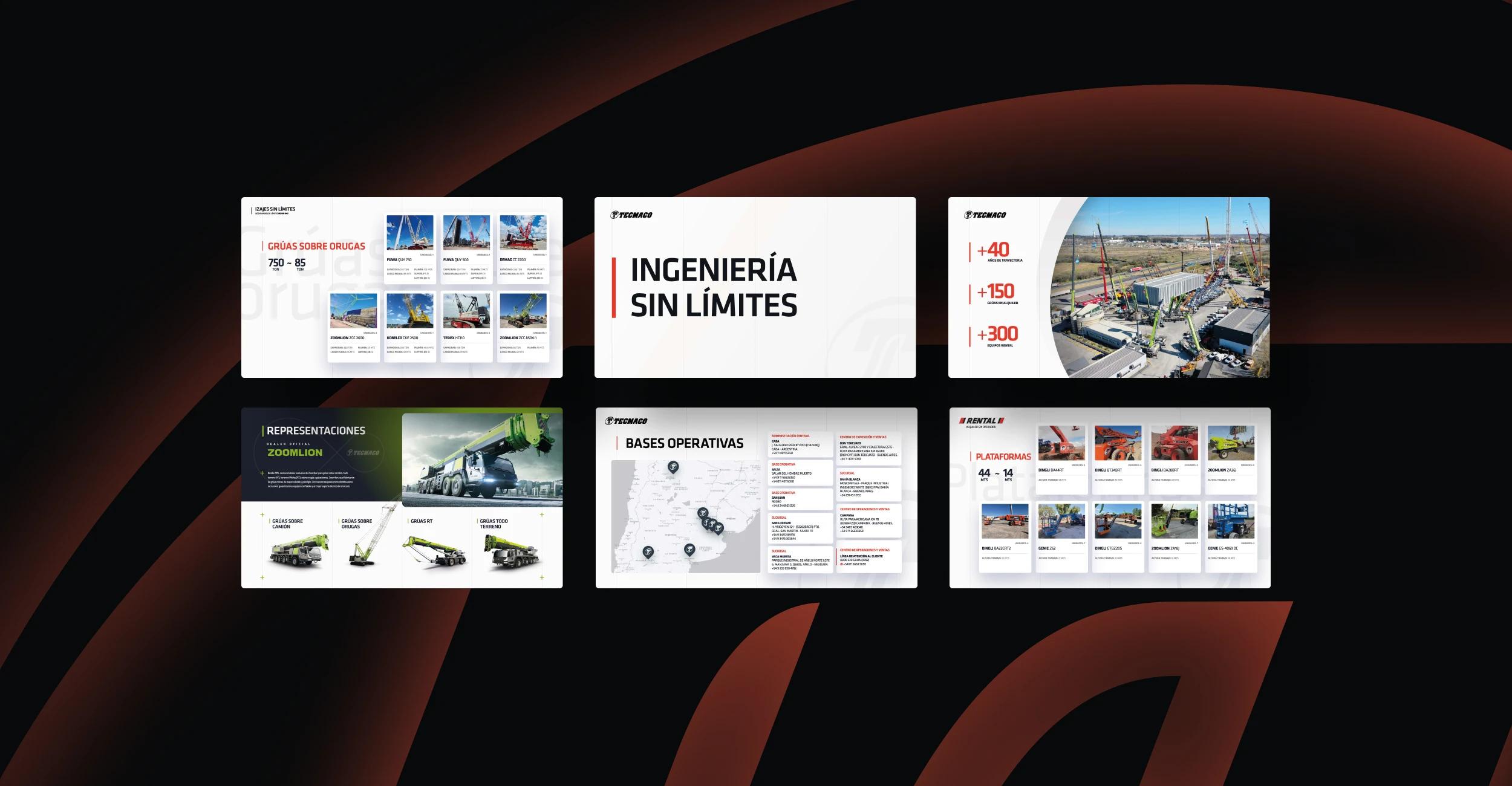 Catálogos comerciales y brochures corporativos impresos y digitales desarrollados para Tecmaco, empresa líder en la industria del izaje y servicios industriales.