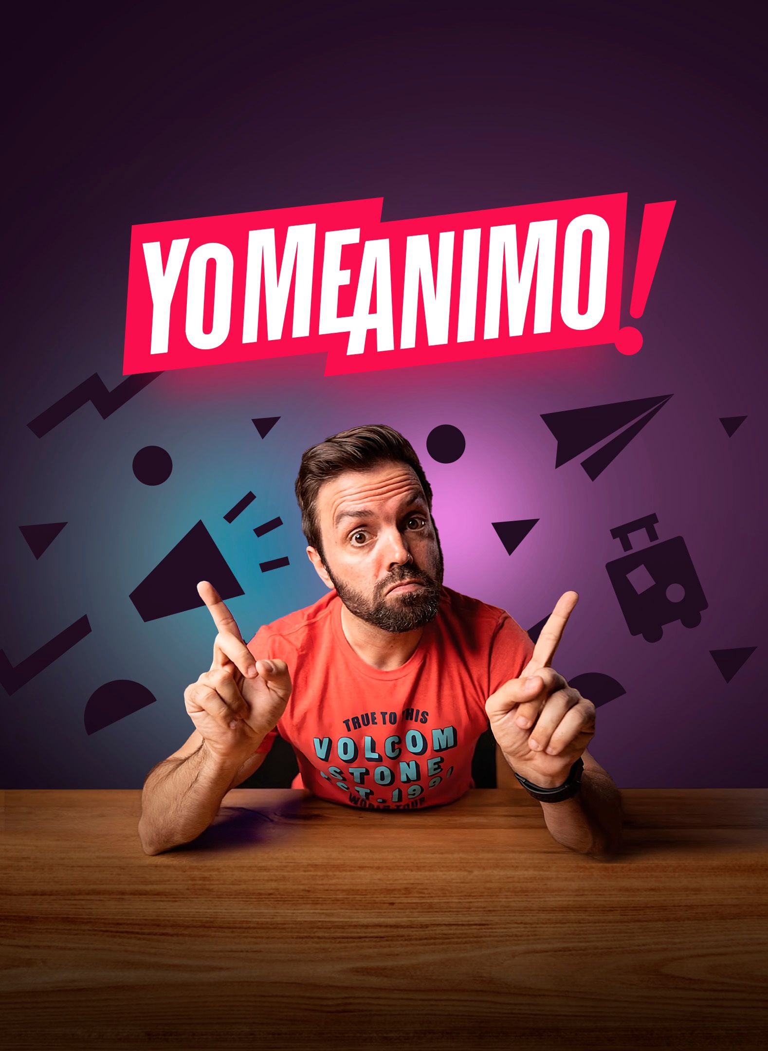 Man pointing up with both hands in front of a background with a geometric design and highlighted text that says 'Yo Me Animo!'