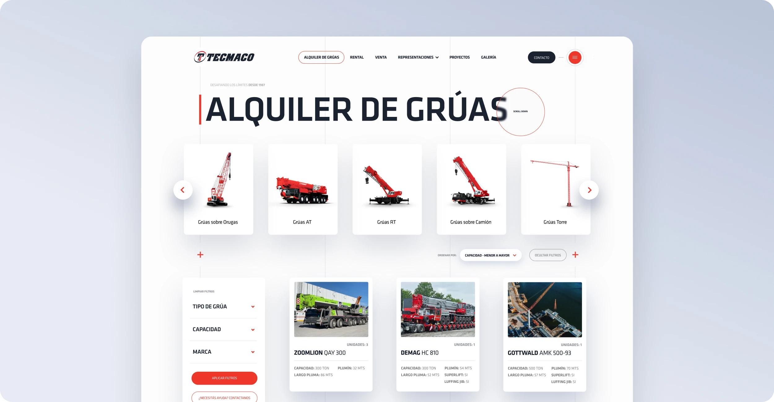 Optimización y desarrollo de la plataforma digital de Tecmaco, empresa líder en la industria del izaje, con catálogo online, filtros inteligentes y experiencia UX/UI diseñados por Disruptive®.