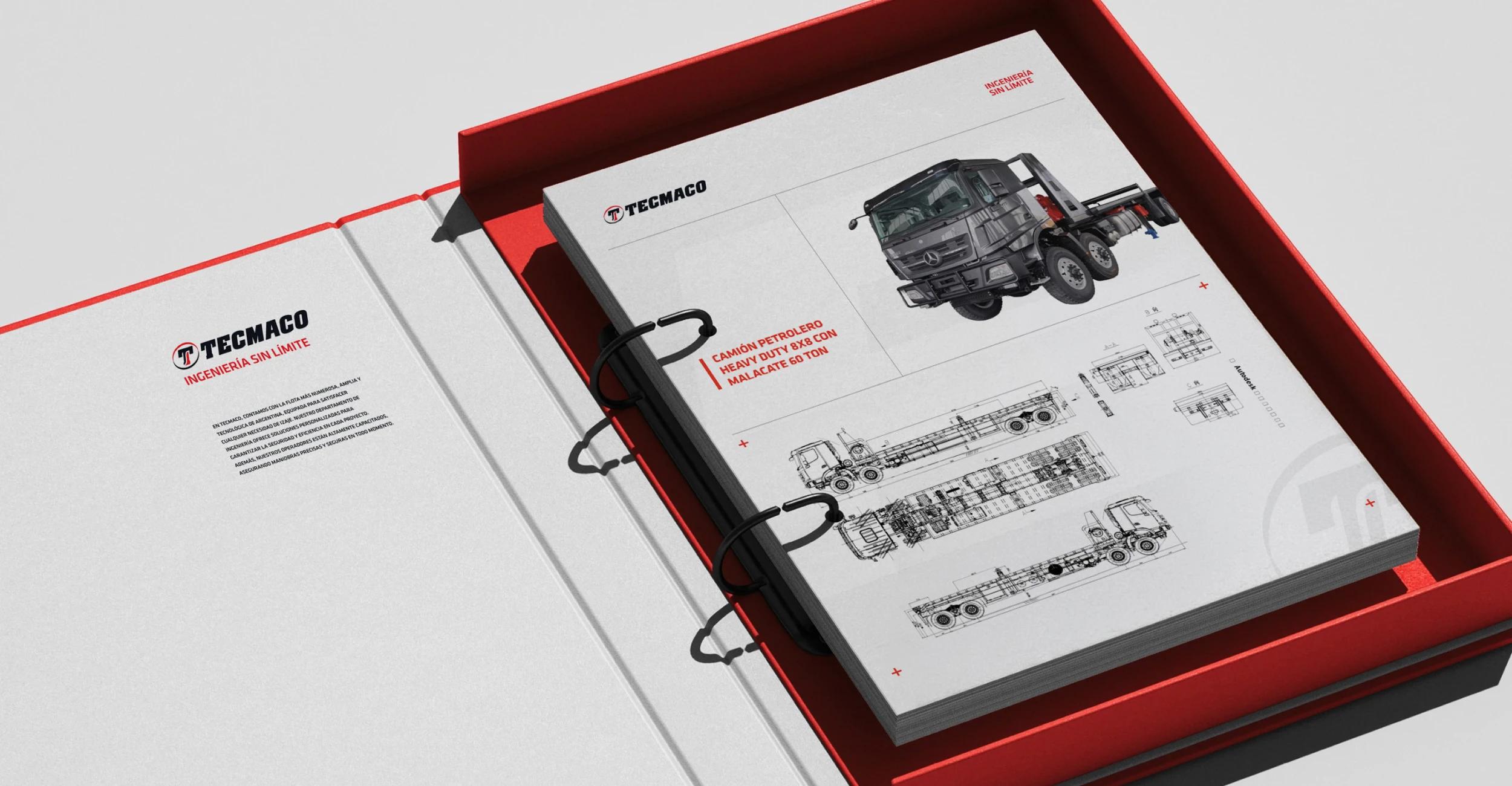 Diseño de fichas técnicas y piezas de documentación técnica para Tecmaco, empresa líder en equipos de izaje y servicios industriales.