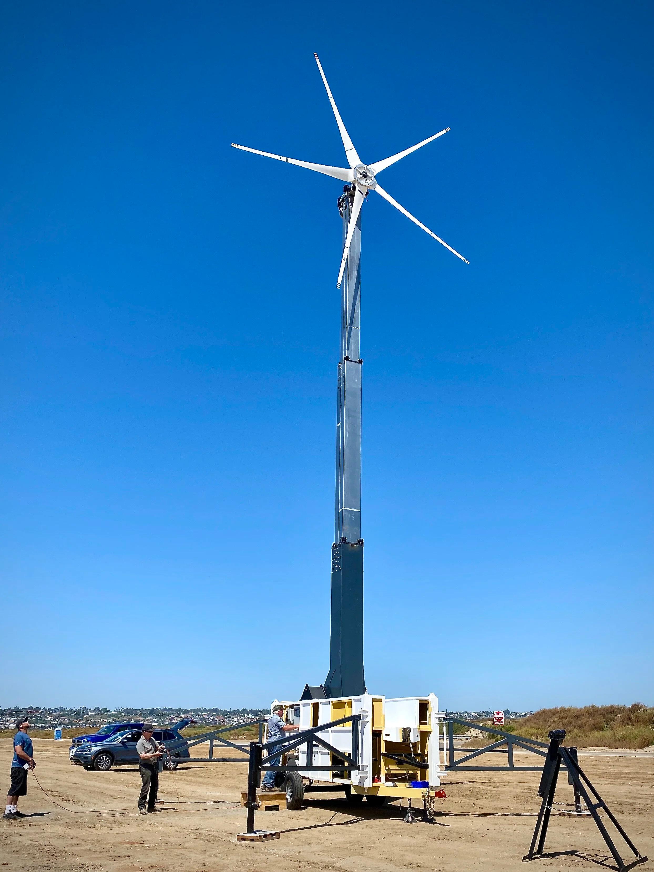 When setup, the 10kW portable wind turbine stands 20m tall with a 7m diameter rotor and an 11m diameter footprint.