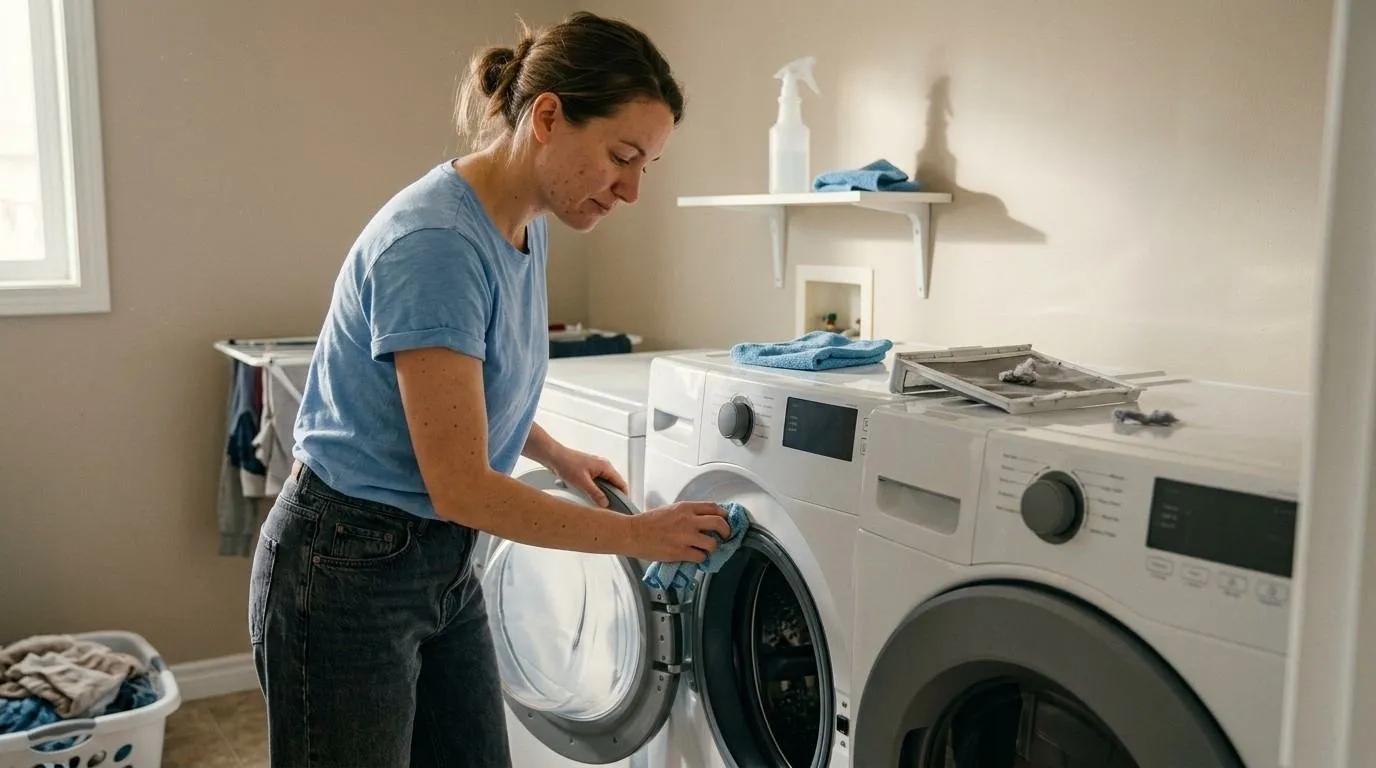 Woman wiping a front-load washer door gasket beside a dryer with its lint screen removed